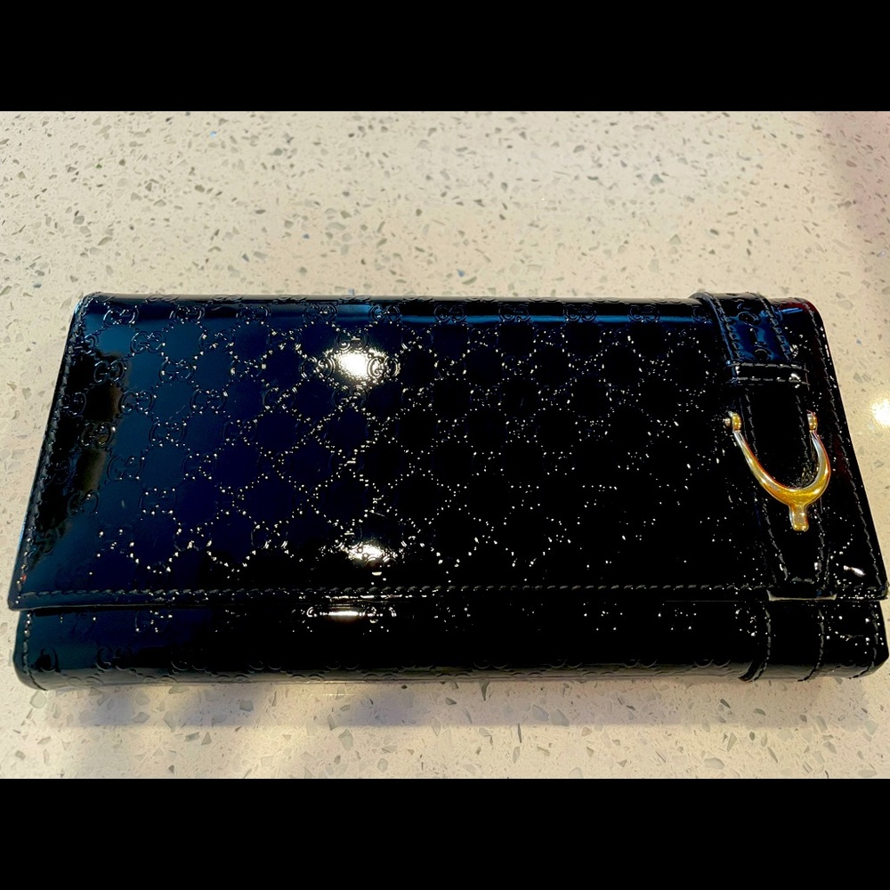 Authentic Gucci Micro GG Patent Leather Black Wallet